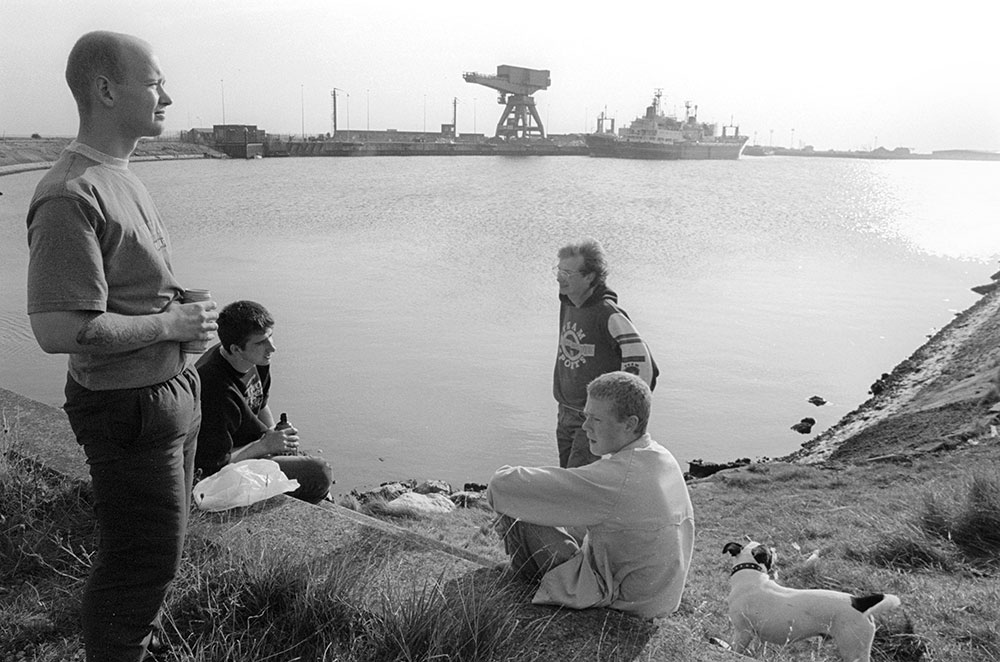1994- SELLAFIELD NUCLEAR - Barrow Infurness, unemployed John [L] with friends, they worked in this port which, among other things, used for transshipment of nuclear waste destined for Sellafield